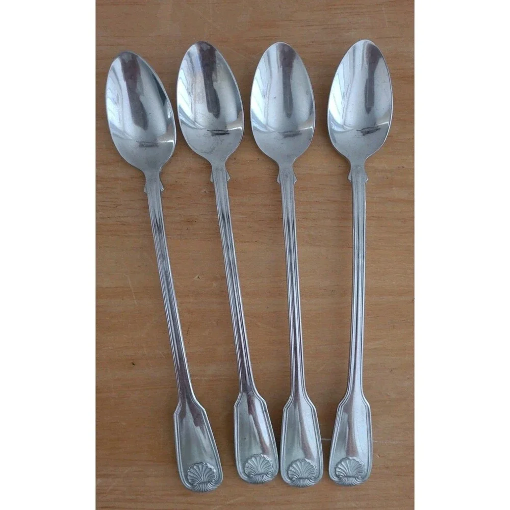 Set 4 Reed & Barton COLONIAL SHELL 1961 Stainless Steel Iced Tea Spoons Flatware